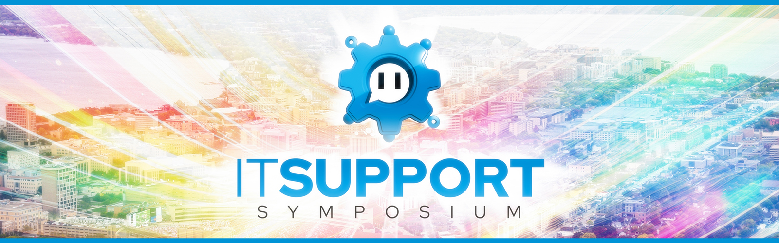 blue and white on and off logo with rainbow colored background