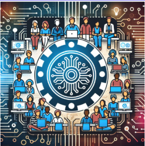 AI Generated art of multiple people on every side of an interconnected sphere in the middle. All the people in the image are providing IT support.